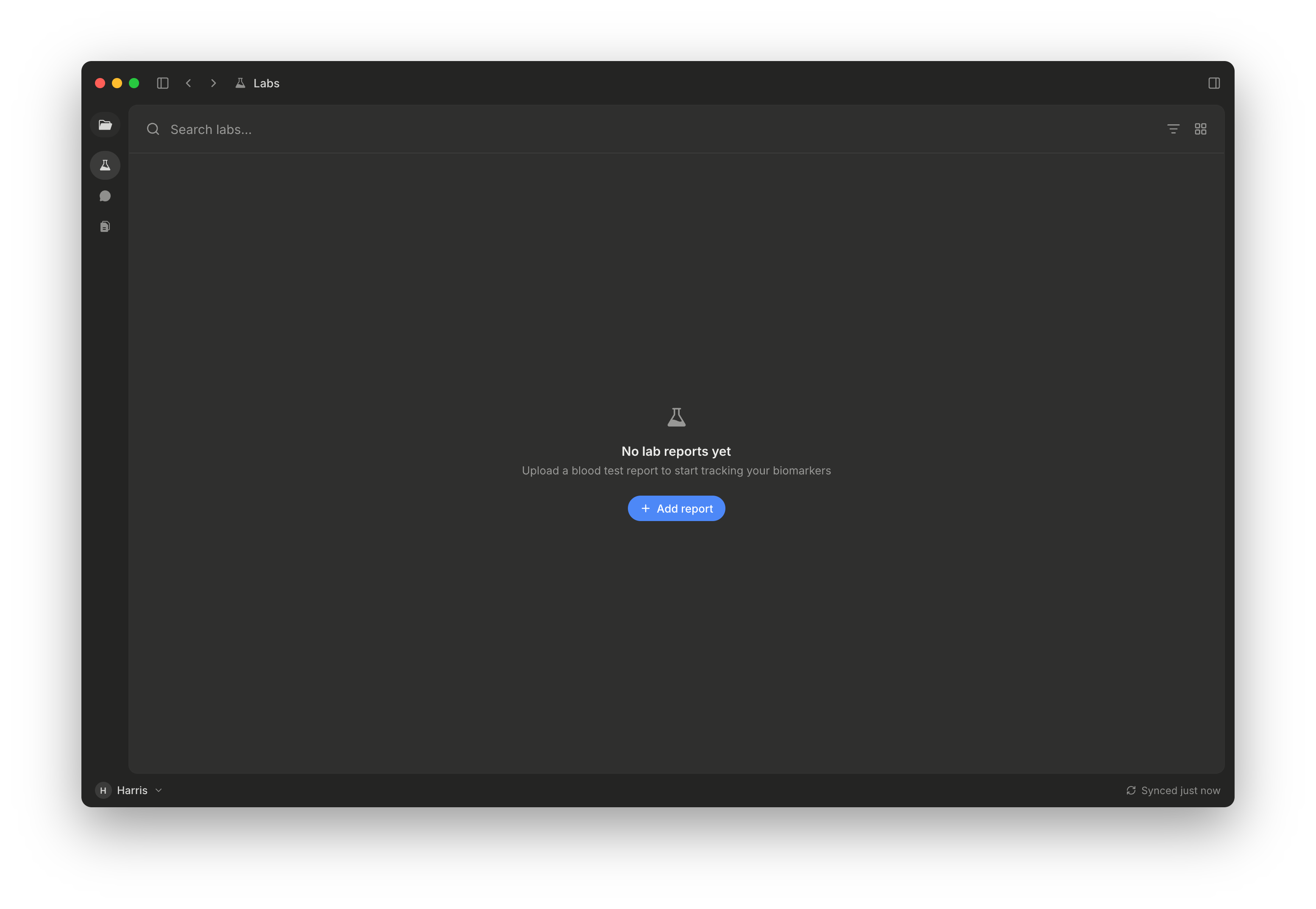 Empty lab reports screen on desktop